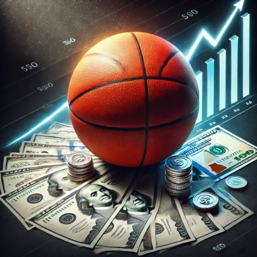 An image depicting the concept of the basketball salary cap. A detailed basketball is resting on a pile of realistic dollar bills and coins, illuminated by dramatic artificial lighting. The background shows a financial graph with clear upward and downward trends, symbolizing financial constraints in basketball. The image features sharp contrasts and vibrant lighting, creating a professional and modern look.