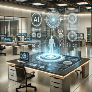 Futuristic high-tech workspace at All Angles Network, showcasing an AI control center with holographic displays, reflecting the article's focus on AI tools revolutionizing business efficiency and innovation.