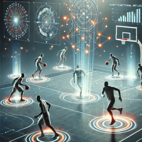 Visual representation of basketball strategy using glowing zones around players to illustrate influence and spatial dynamics, symbolizing Density-Functional Fluctuation Theory (DFFT).